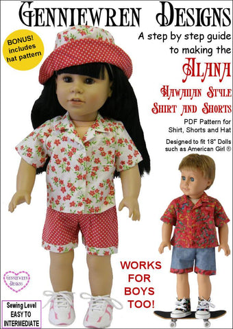 Genniewren 18 Inch Modern Alana - Hawaiian-Style Shirt, Shorts and Hat 18" Doll Clothes Pattern larougetdelisle