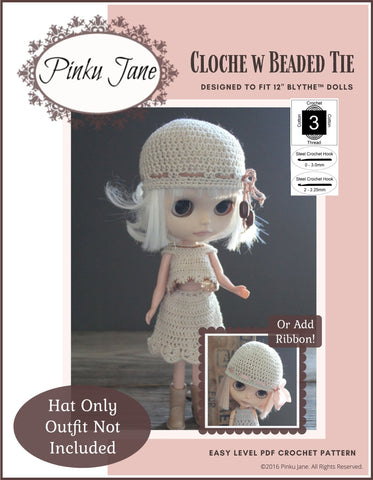 Pinku Jane Blythe/Pullip Cloche Hat With Beaded Tie Crochet Pattern For 12" Blythe Dolls larougetdelisle