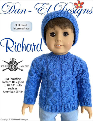 Dan-El Designs Knitting Richard Sweater & Beanie 18" Doll Clothes Knitting Pattern larougetdelisle