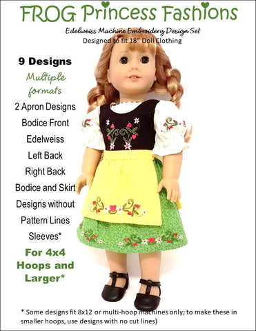 Frog Princess Fashions Machine Embroidery Design Edelweiss 18" Doll Machine Embroidery Design larougetdelisle
