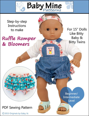 Baby Mine Bitty Baby/Twin Ruffle Romper and Bloomers 15" Baby Doll Clothes Pattern larougetdelisle