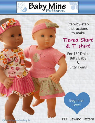 Baby Mine Bitty Baby/Twin Tiered Skirt & Tee Shirt 15" Baby Doll Clothes Pattern larougetdelisle