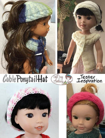 Doll Tag Clothing WellieWishers Cable Ponytail Hat Knitting Pattern for 13 to 14.5 Inch Dolls larougetdelisle