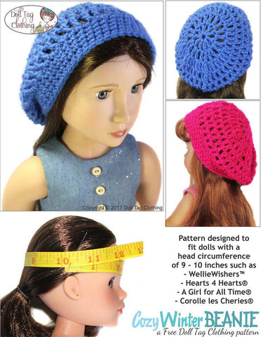 Doll Tag Clothing WellieWishers FREE Cozy Winter Beanie Crochet Pattern for 13 to 16 inch Dolls larougetdelisle