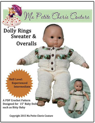 Mon Petite Cherie Couture Bitty Baby/Twin Dolly Rings Sweater and Overalls Crochet Pattern larougetdelisle