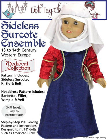 Doll Tag Clothing 18 Inch Historical Sideless Surcote Ensemble Medieval Collection 18" Doll Clothes Pattern larougetdelisle