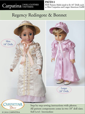 Carpatina Dolls 18 Inch Historical 1810's Regency Redingote and Bonett Multi-sized Pattern for Regular and Slim 18" Dolls larougetdelisle