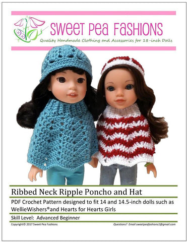 Sweet Pea Fashions WellieWishers Ribbed Neck Ripple Poncho and Hat Crochet Pattern for 14-14.5" Dolls larougetdelisle