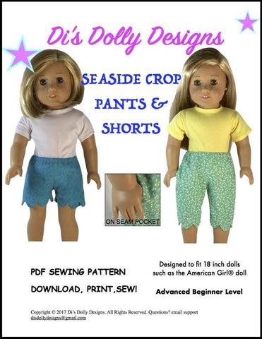 Di's Dolly Designs 18 Inch Modern Seaside Crop Pants and Shorts 18" Doll Clothes Pattern larougetdelisle
