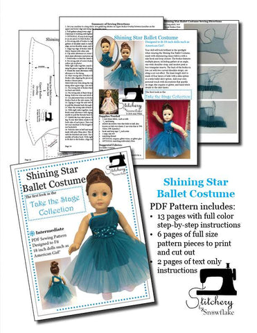 Stitchery By Snowflake 18 Inch Modern Shining Star Ballet Costume 18" Doll Clothes Pattern larougetdelisle