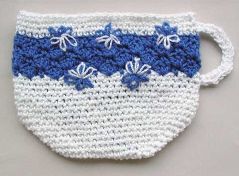 white and blue teacup potholder