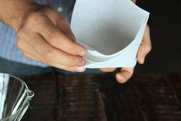 Step 2: Prepare filter by placing 3 of 4 folds to the side the pour spout is located.