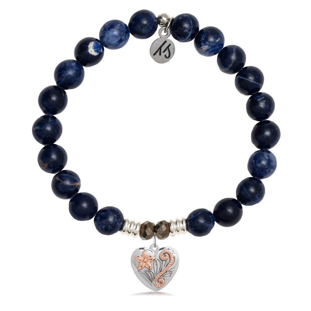 Pretty blue sodalite gemstone beaded bracelet with silver heart charm 
