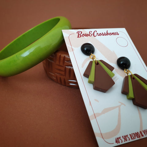 1920's styled deco fan earrings - borwn and lime - fall