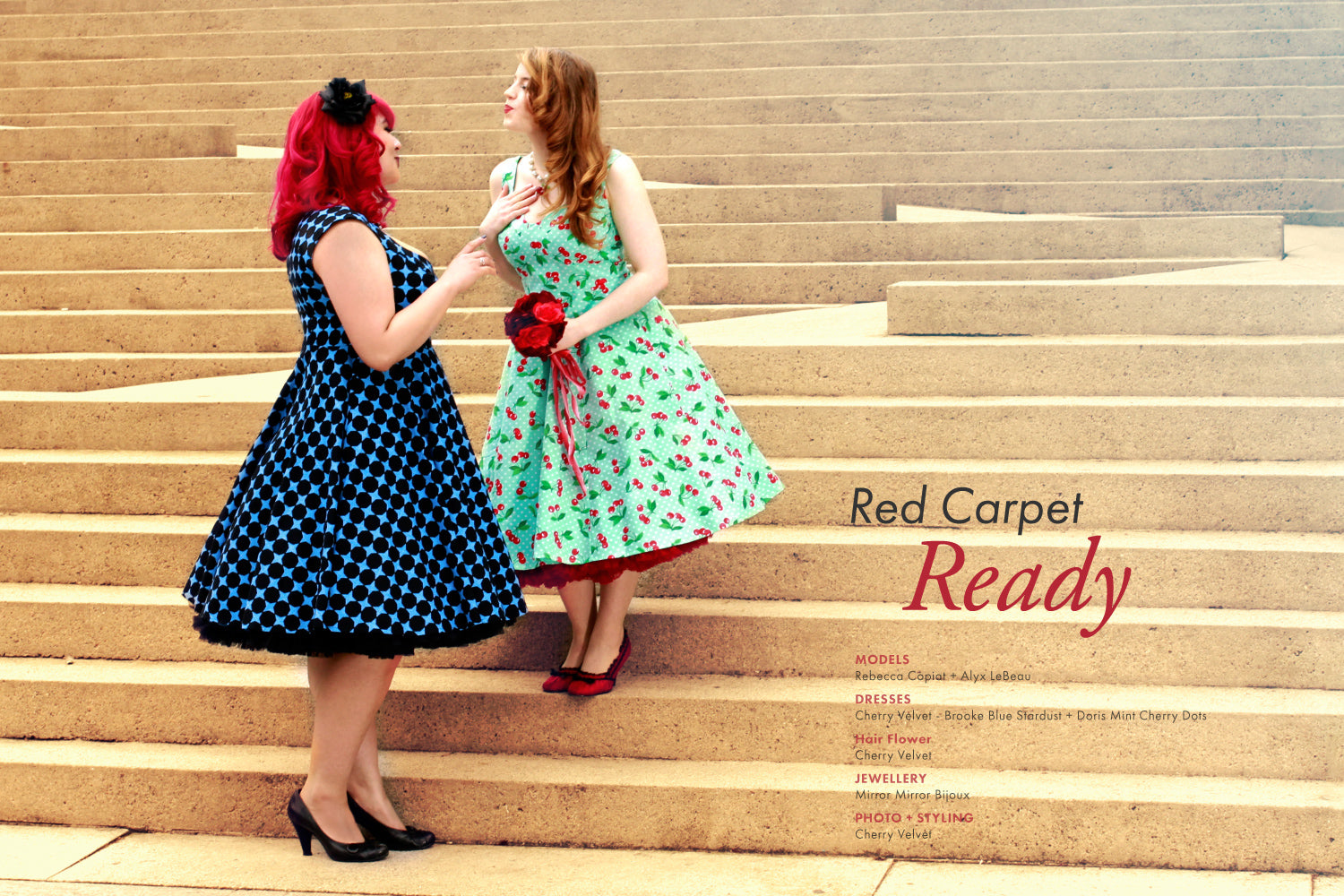 The Brooke Dress in Blue Stardust and The Doris Dress in Mint Cherry Dots