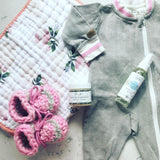 Peas In A Pod Bum Spray (Padraig Cottage Baby Slippers, Little Unicorn Burp Cloth, Juddlies Playsuit)