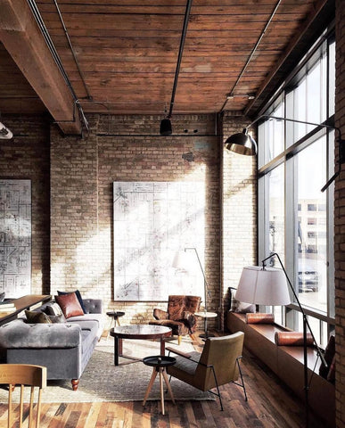 Industrial loft beige oriental rug with wood ceiling