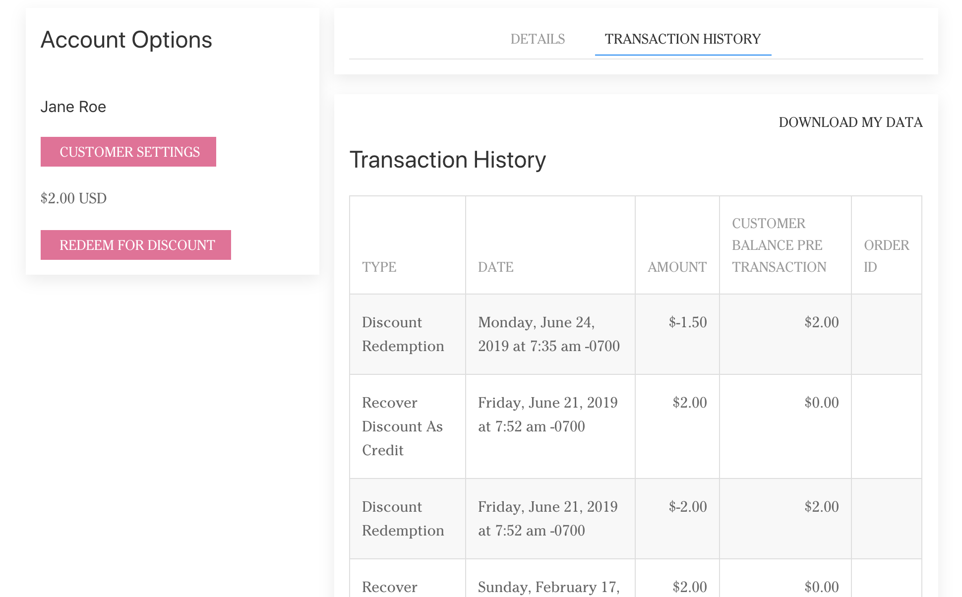 transaction history store credit