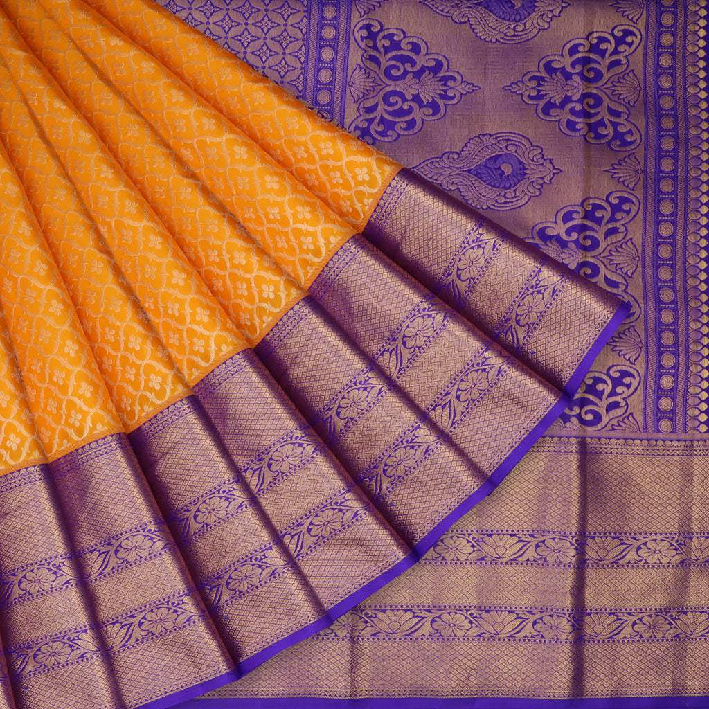Sunset Yellow Kanjivaram Handloom Silk Saree With Mayil Kan & Kodi ...