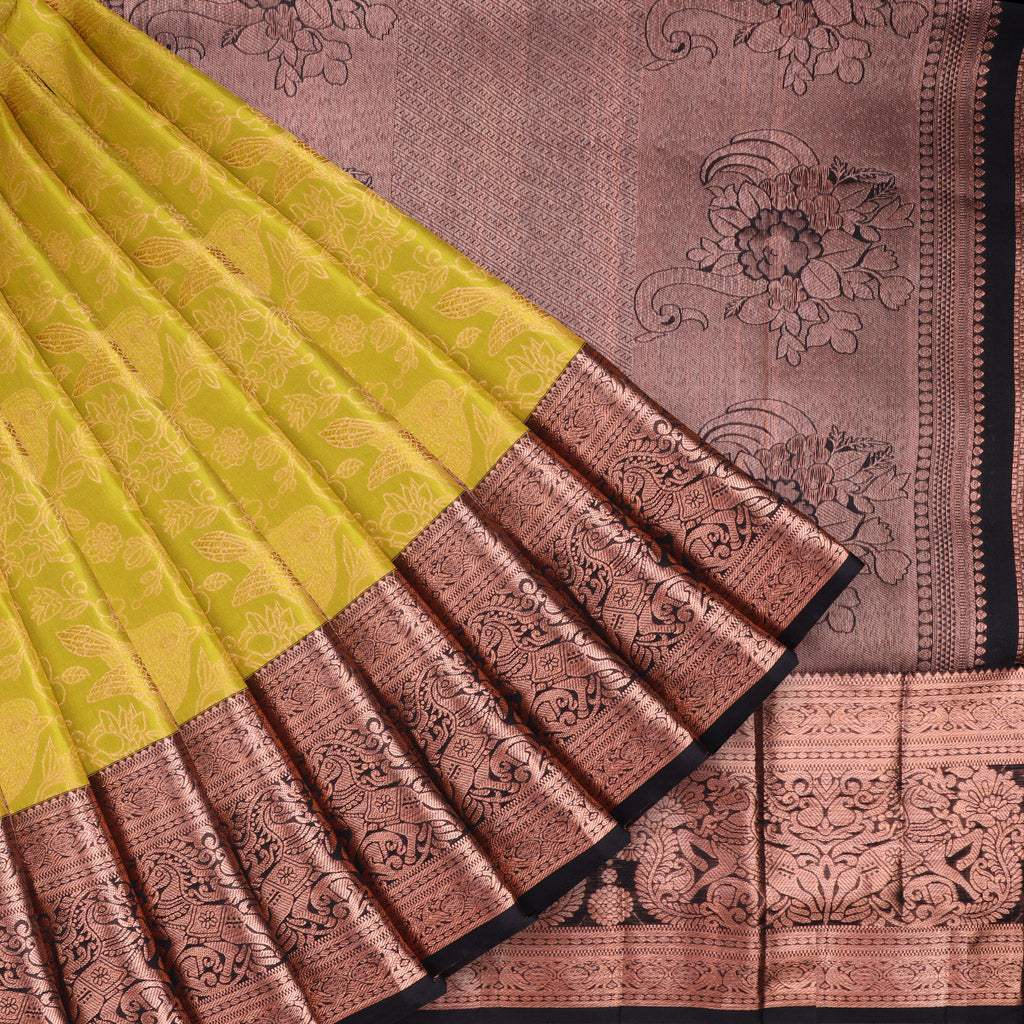 Dual Shade Green Yellow Kanjivaram Silk Saree With Floral And Bird ...
