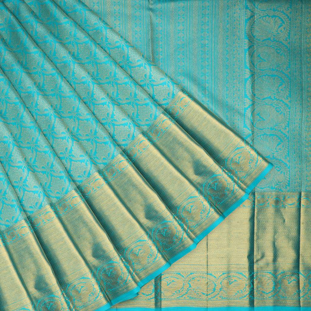 Sky Blue Kanjivaram Silk Saree With Floral Buttas | Singhania's