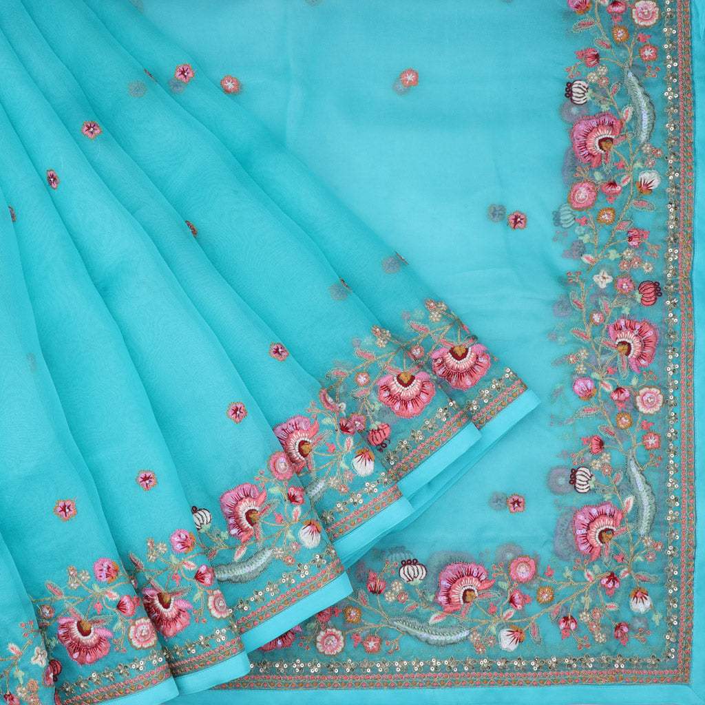 Aqua Blue Organza Saree With Floral Embroidery | Singhania's