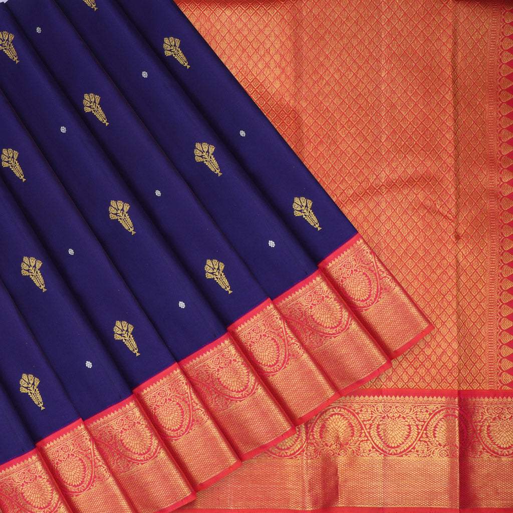 Navy Blue Kanjivaram Silk Saree With Floral Motifs | Singhania's