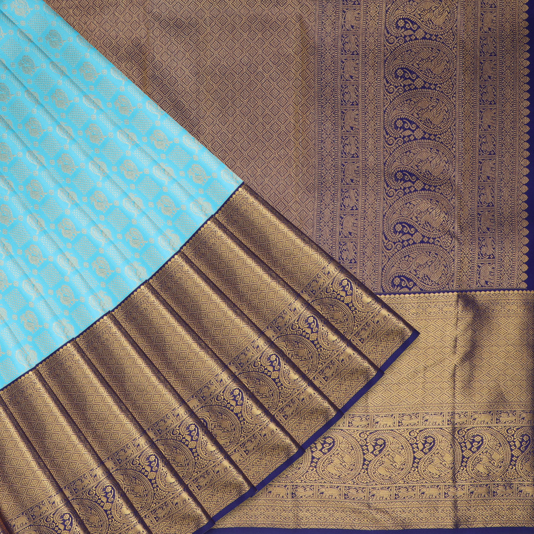 Sky Blue Kanjivaram Silk Saree With Mayil Buttis | Singhania's