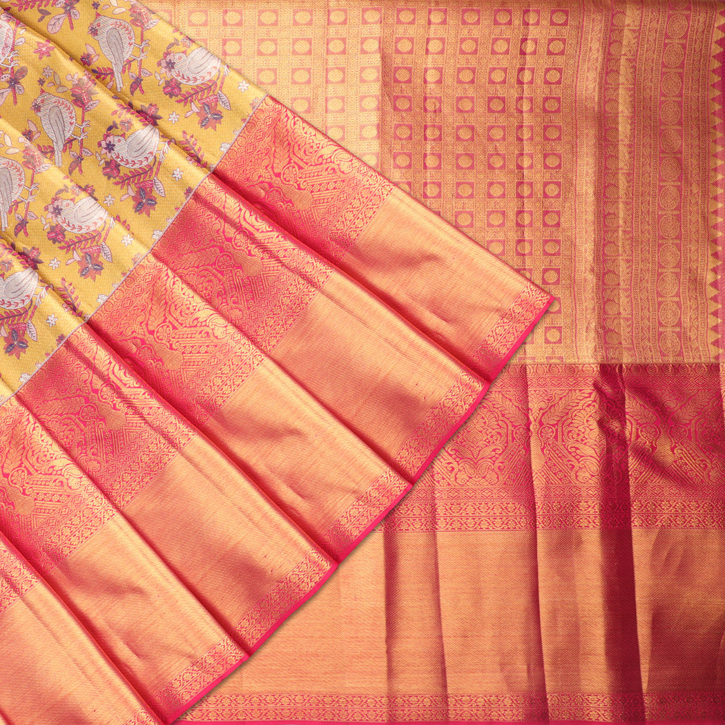Yellow Kanjivaram Silk Saree With Floral And Bird Pattern ...