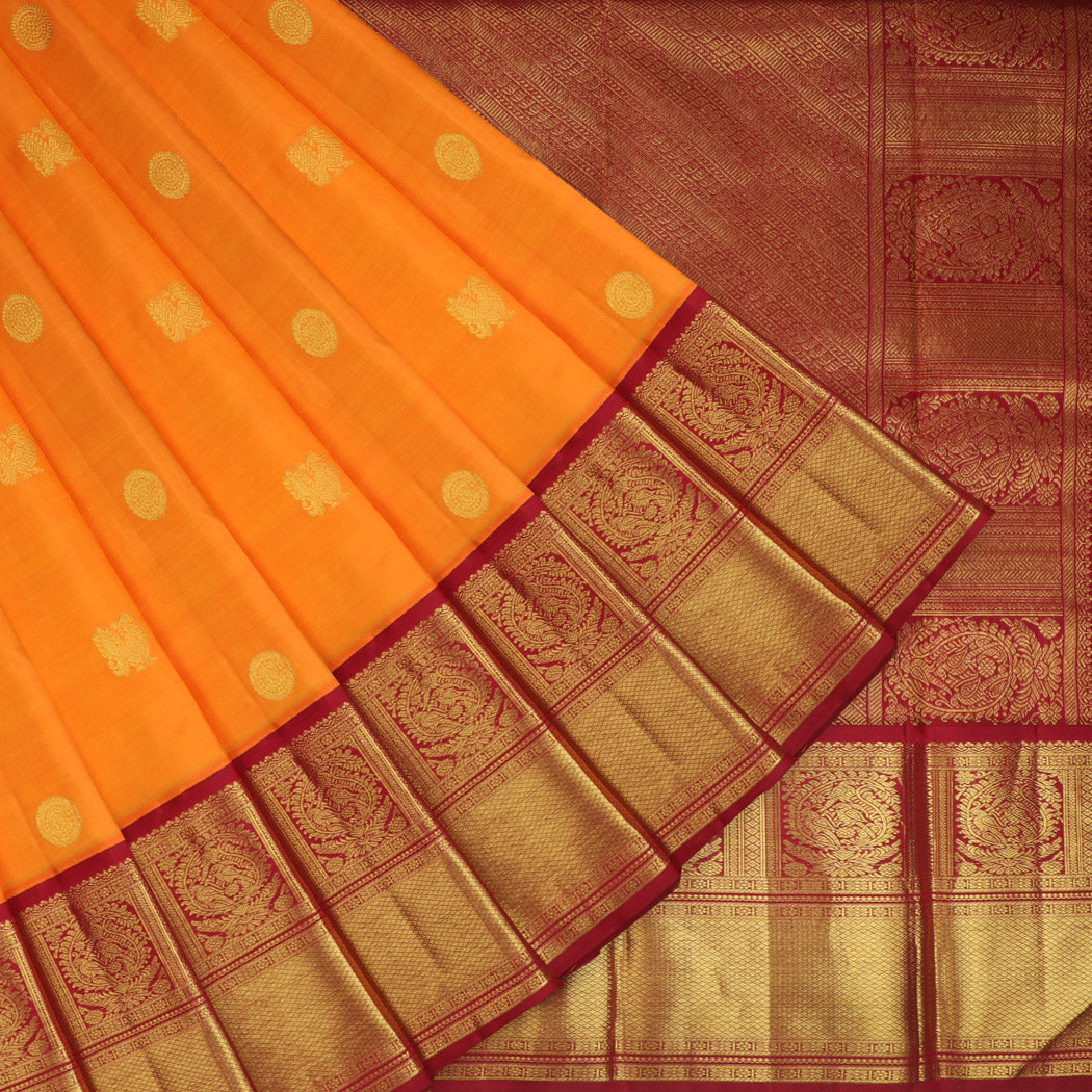 Vibrant Orange Kanjivaram Silk Saree With Floral And Mayil Buttas ...