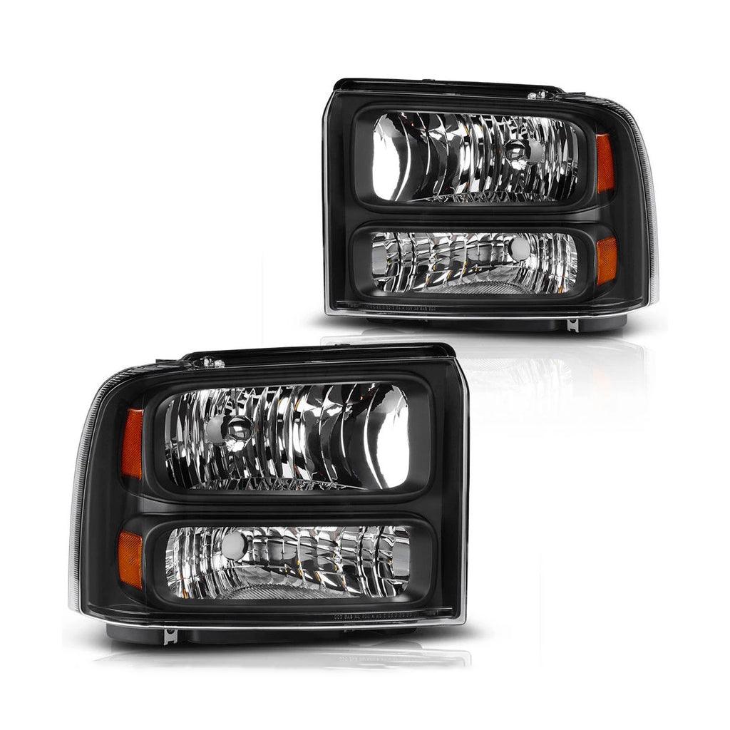 Black Passenger and Driver Side JSBOYAT Headlight Assembly Replacement for 2005-2007 Ford F250/F350/F450/F550 Super Duty 05 Ford Excursion Headlamp with Chrome/Black Housing