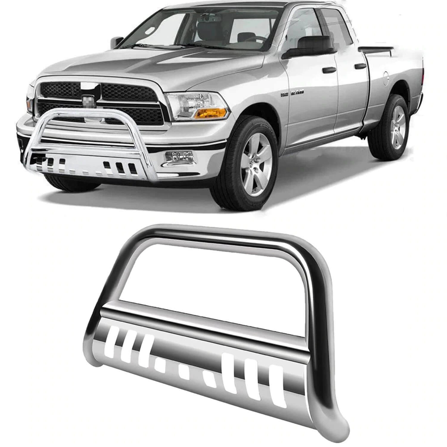 Topline Autopart Matte Black Bull Bar Brush Push Front Bumper Grill Grille Guard With Skid Plate For 09-18 Dodge Ram 1500/19-20 Classic 