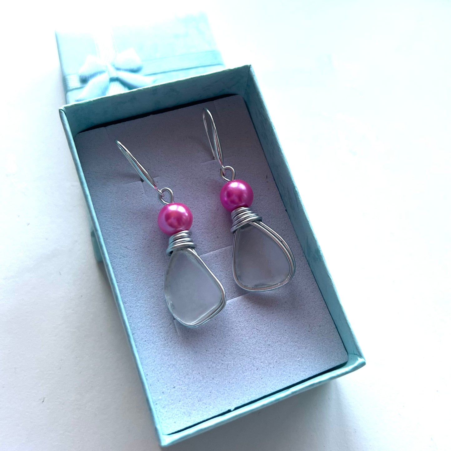 Devon Sea Glass & Pink Bead Earrings
