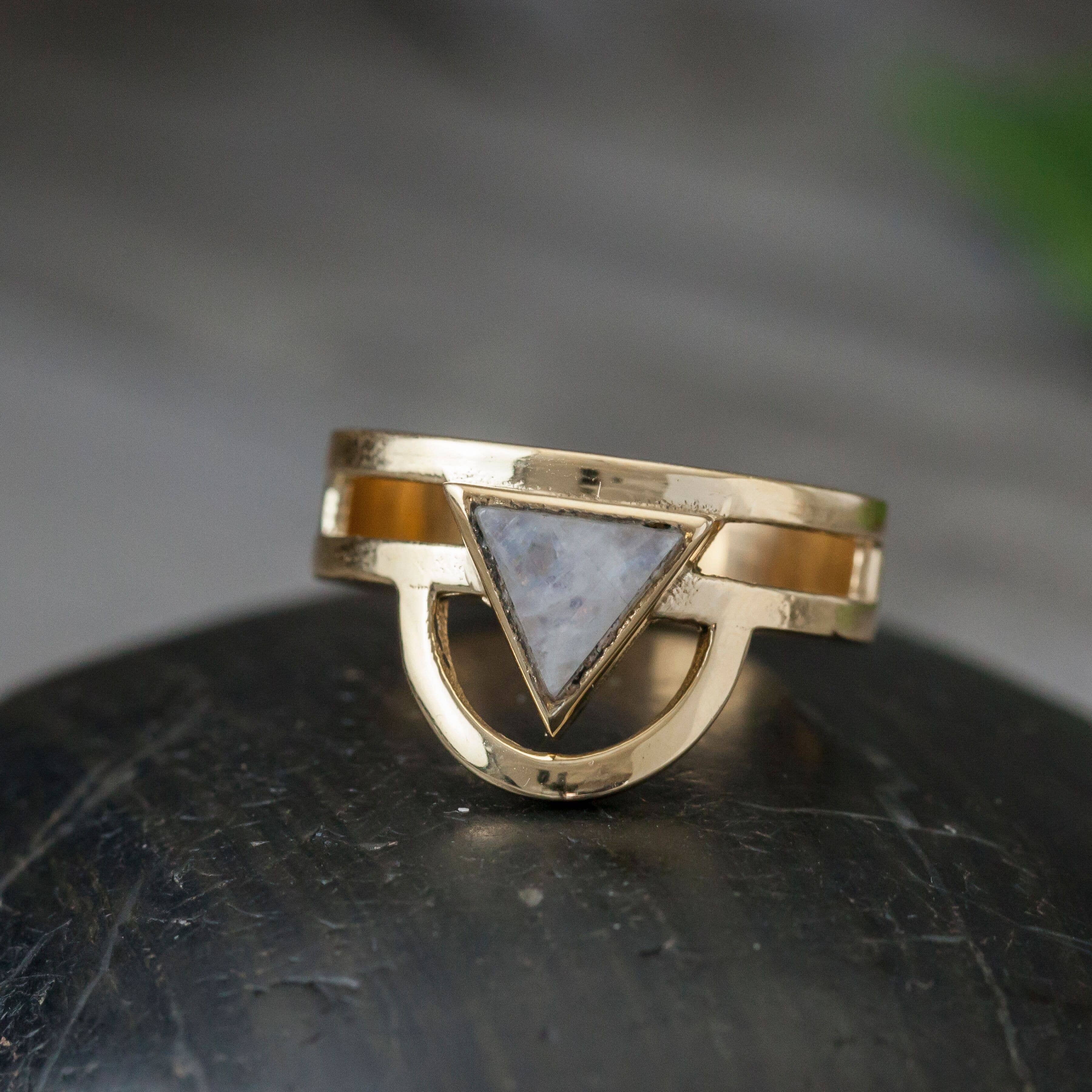 Brass Moonstone Trikona Ring - Size 9