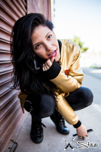 Chi Flo x Still 1 Fall Streetwear Shoot in Brooklyn Rose Gold Metallic Bomber Jacket