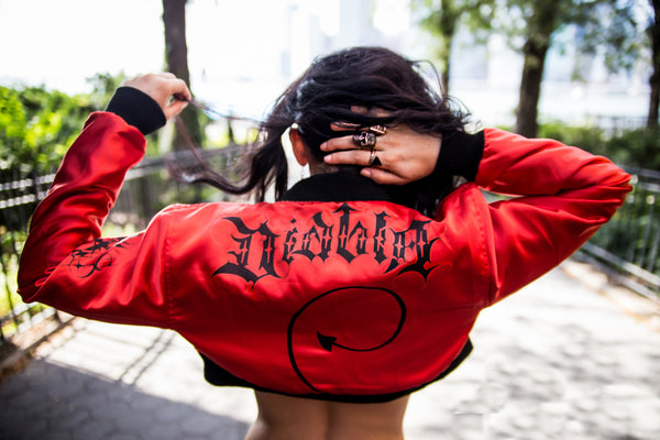 Chi Flo x Still 1 Fall Streetwear Shoot in Brooklyn Diabla Cropped bomber jacket retro ladies double zipper red