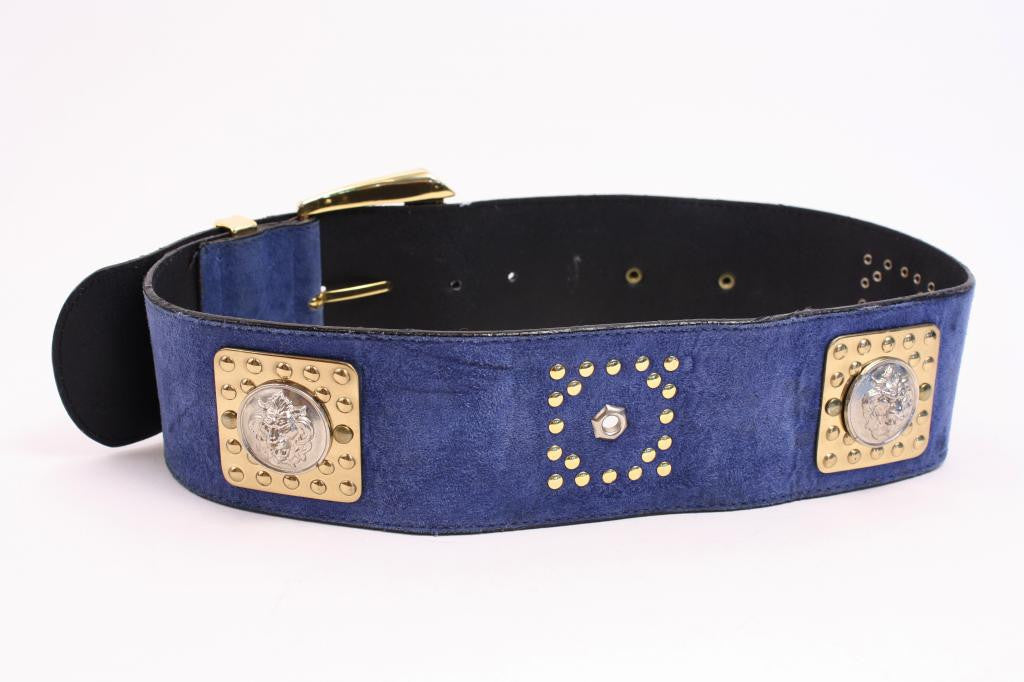 Vintage Versace Belt - Blue Suede Versace Belt with Lion Head Medallion