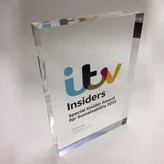 Clear acrylic bespoke award with high res coloured graphics