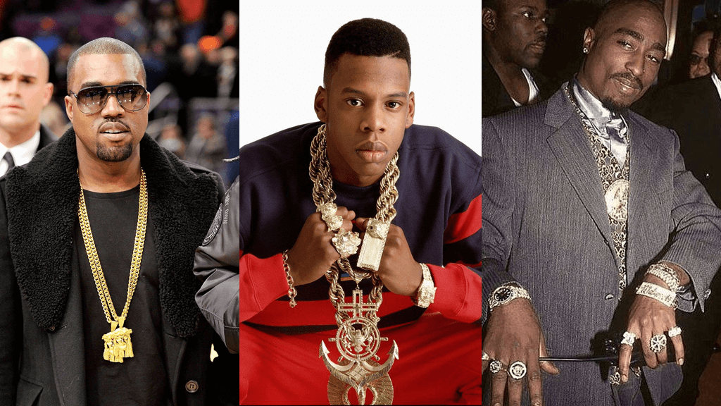 5 Rappers usando cordões, correntes, ice e anéis e outras joias de ouro - Kanye West, Jay Z e Tupac