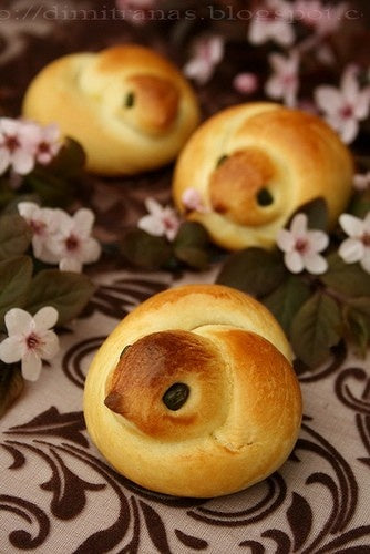 Love Bird and Chick Shaped Bread Rolls with cherry blossoms.