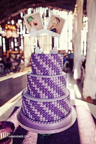 Purple Striped Cake Pop Wedding Cake with Polaroids On Top