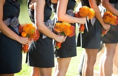 Autumn Wedding: Charcoal and Orange Bridesmaids Dresses and Bouquets