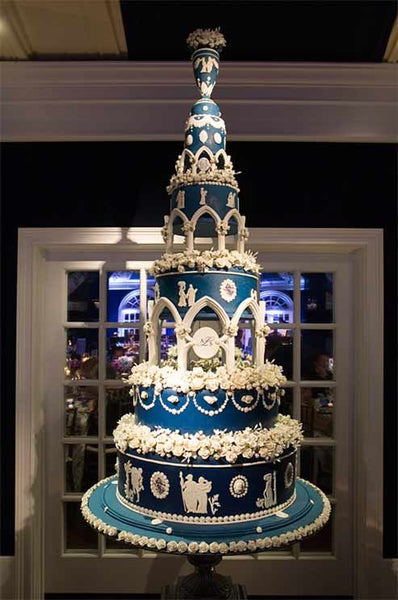Very Tall, Very Grand Blue and White Wedding Cake