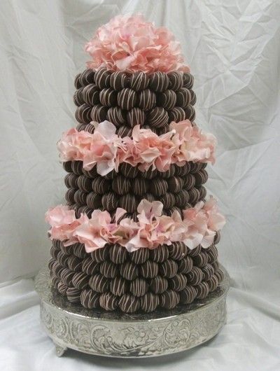 Chocolate Cake Pop Wedding Cake with Pink Flowers
