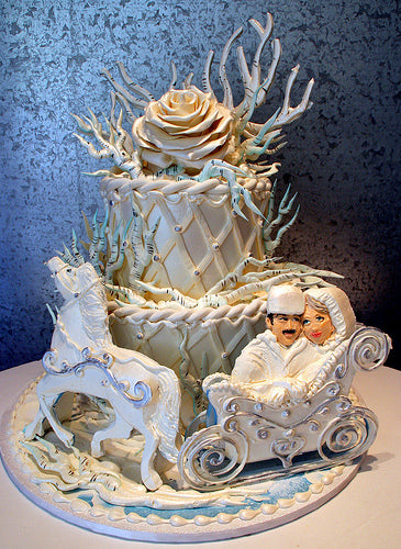 Cartoon style winter wedding cake with bride and groom.