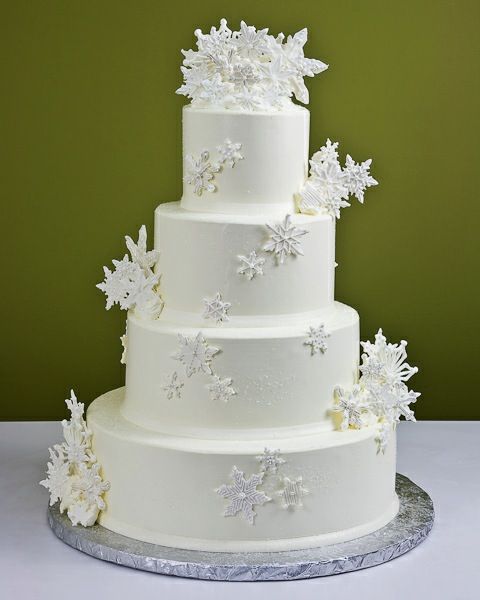 Winter Wedding Cake Idea with Silver Snowflakes