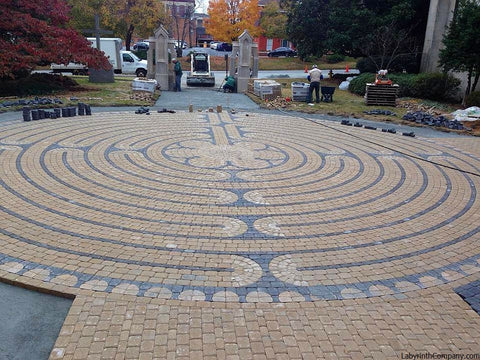 Macon GA - Mulberry Street United Methodist Church - Chartres Replica paver brick labyrinth kit with Buff field and Charcoal lines installed within Charcoal Celtic Cross surround