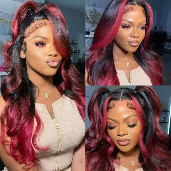 Natural Black With Red Highlights Color PrePlucked 13x4 Lace Front Wig Body  Wave & Straight Colored Human Hair Wigs | OQHAIR