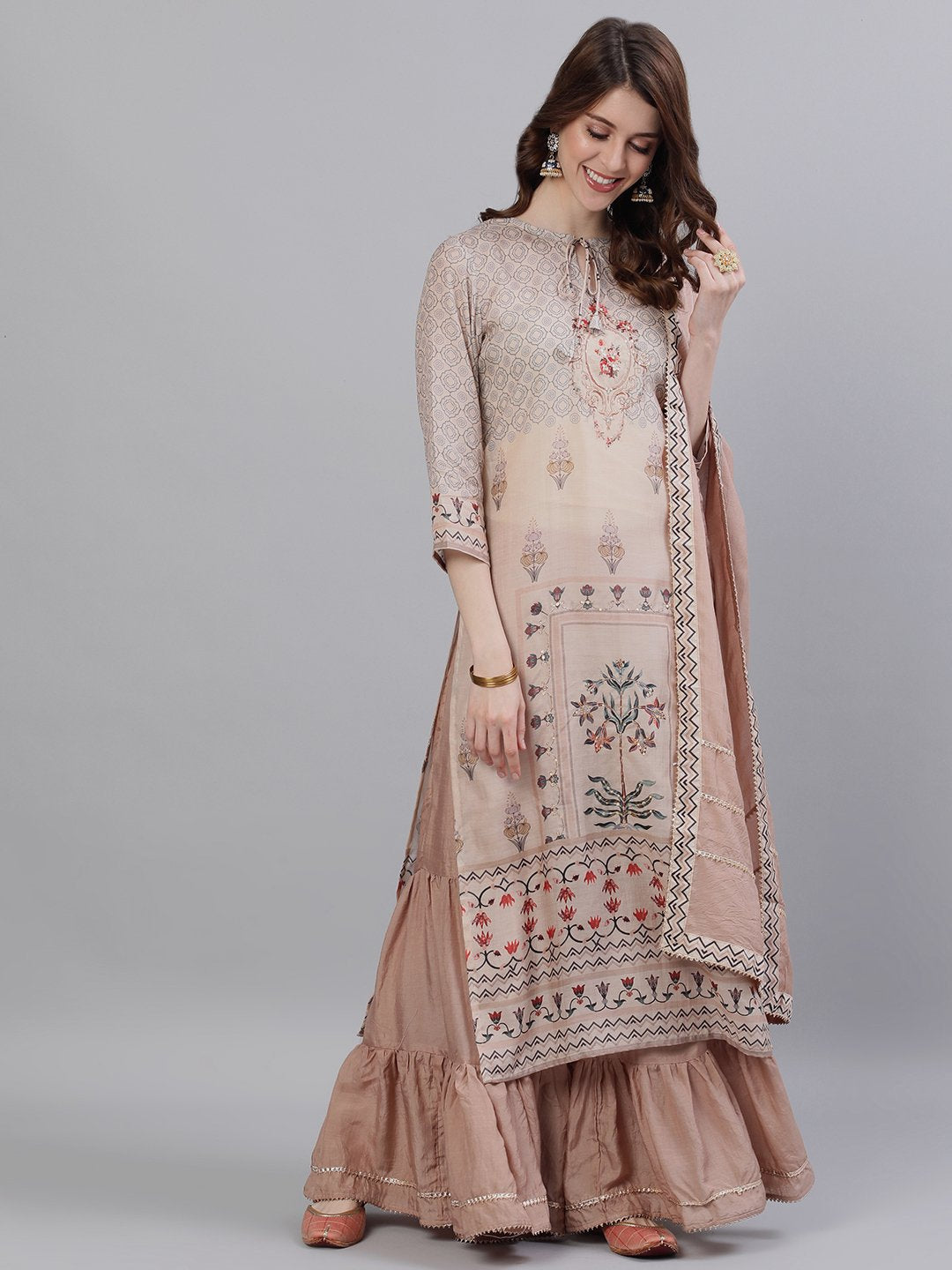 Buy Ishin Women's Silk Peach Zari Embroidered A-Line Kurta Sharara ...