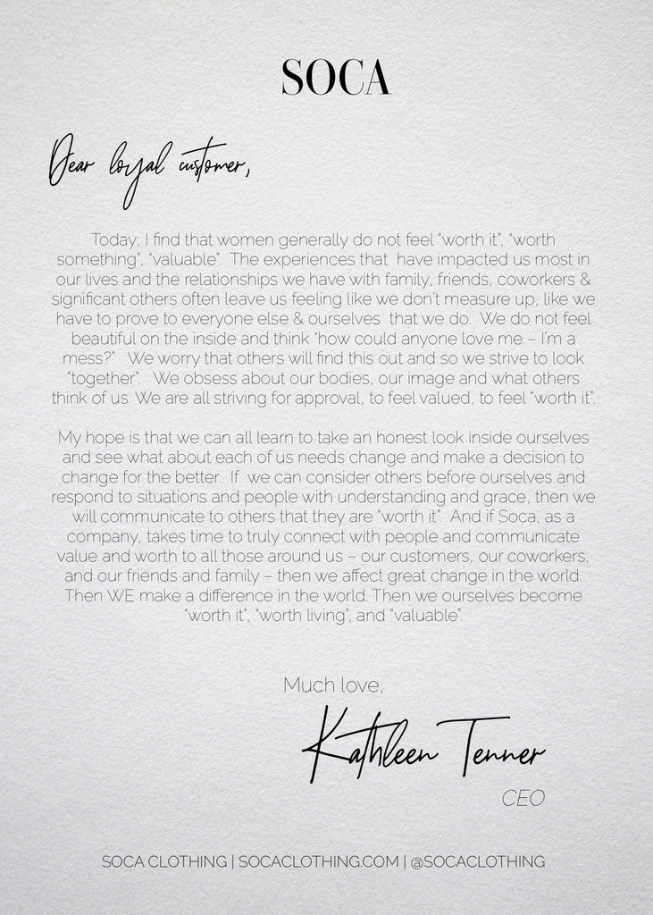 Letter from Kathleen Tenner CEO Soca Clothing